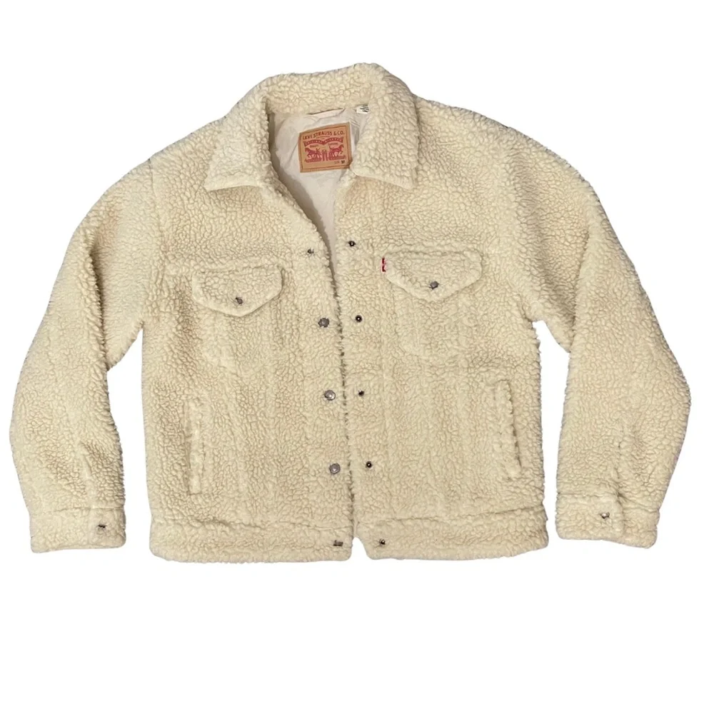 Levi’s Women’s Sherpa Fleece Trucker Jacket Cropped M Cream Coconut Snap Front - Picture 5 of 15